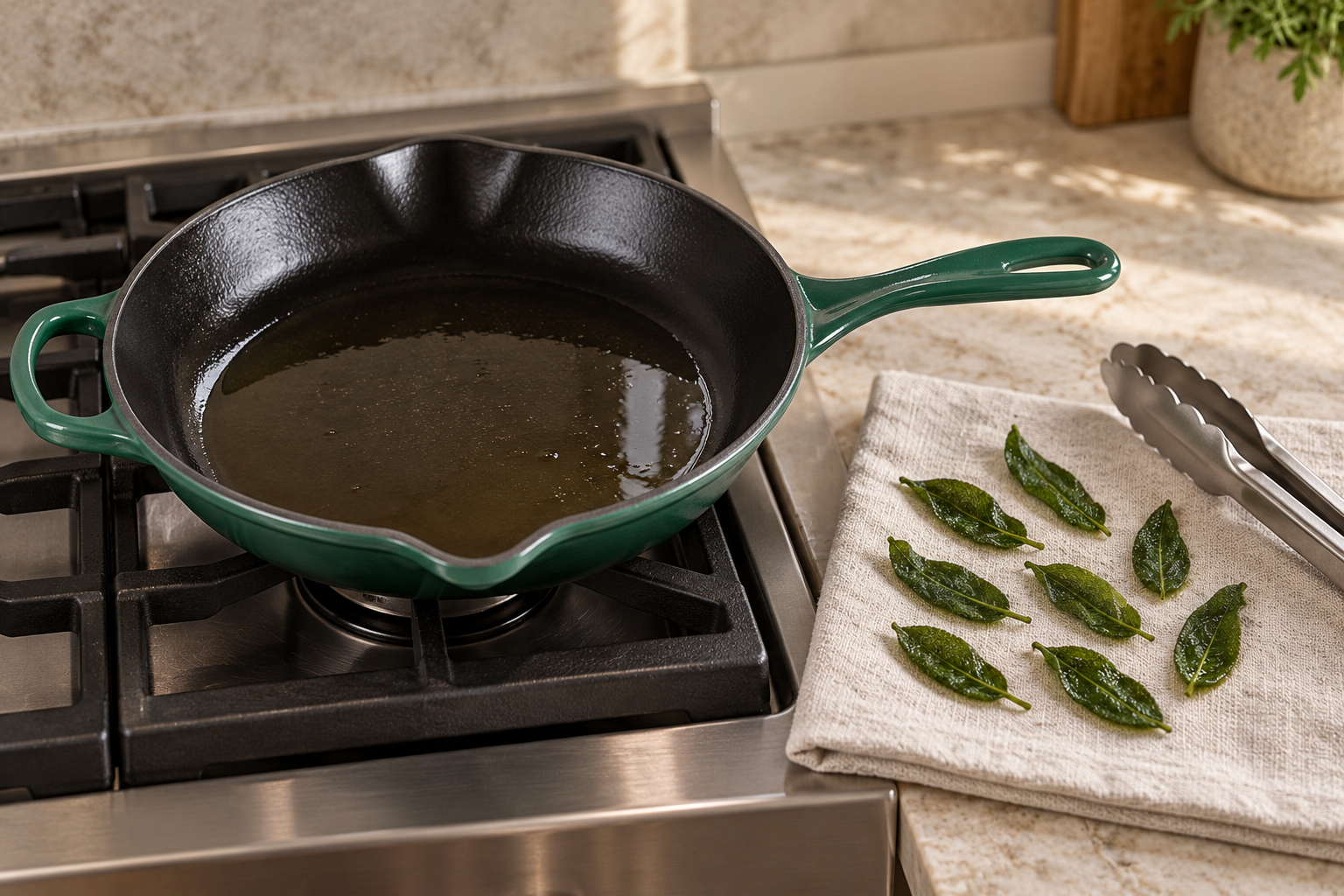 Eight Fast Cast Iron Fried Sage leaves at the five-to-seven-second endpoint on linen