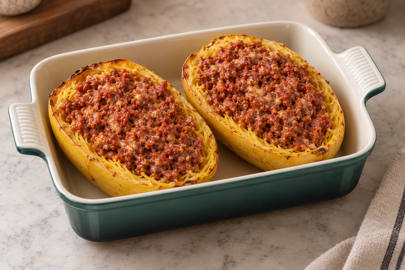 Spaghetti squash halves filled with fresh chorizo and coconut cream mixture before baking