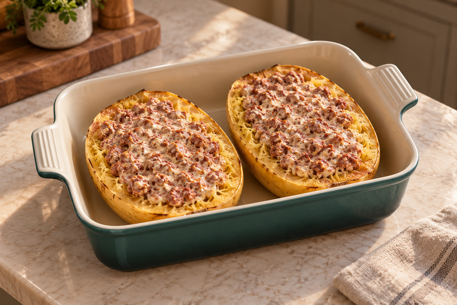Spaghetti squash halves evenly filled with fresh chorizo and cultured cream mixture before baking