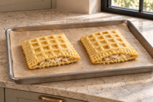Partially cooked almond flour waffle pockets filled with roast turkey and Gruyere before baking