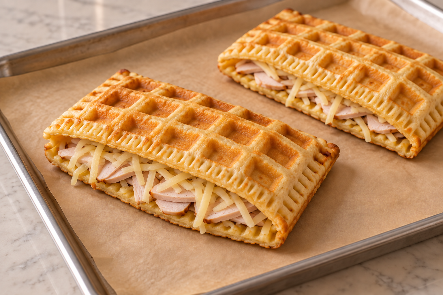 Partially cooked waffle pockets filled with roast turkey and Gruyere before baking