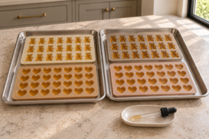 Bear and heart gummy molds filled with ginger gelatin tea before chilling