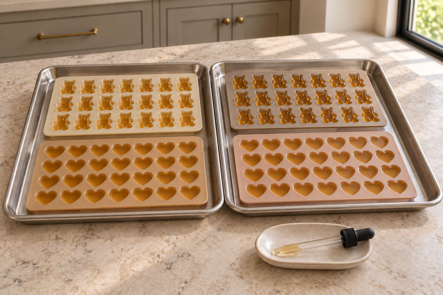 Bear and heart gummy molds filled with ginger gelatin tea before chilling