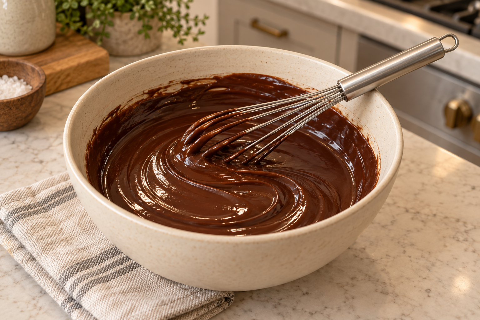 Raw honey and mineral salt whisked into cocoa ganache until uniformly smooth and glossy