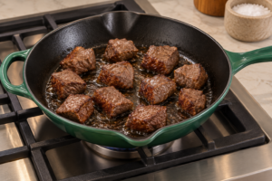 Tender stew beef frying in tallow until the first side is deeply brown and ready to turn