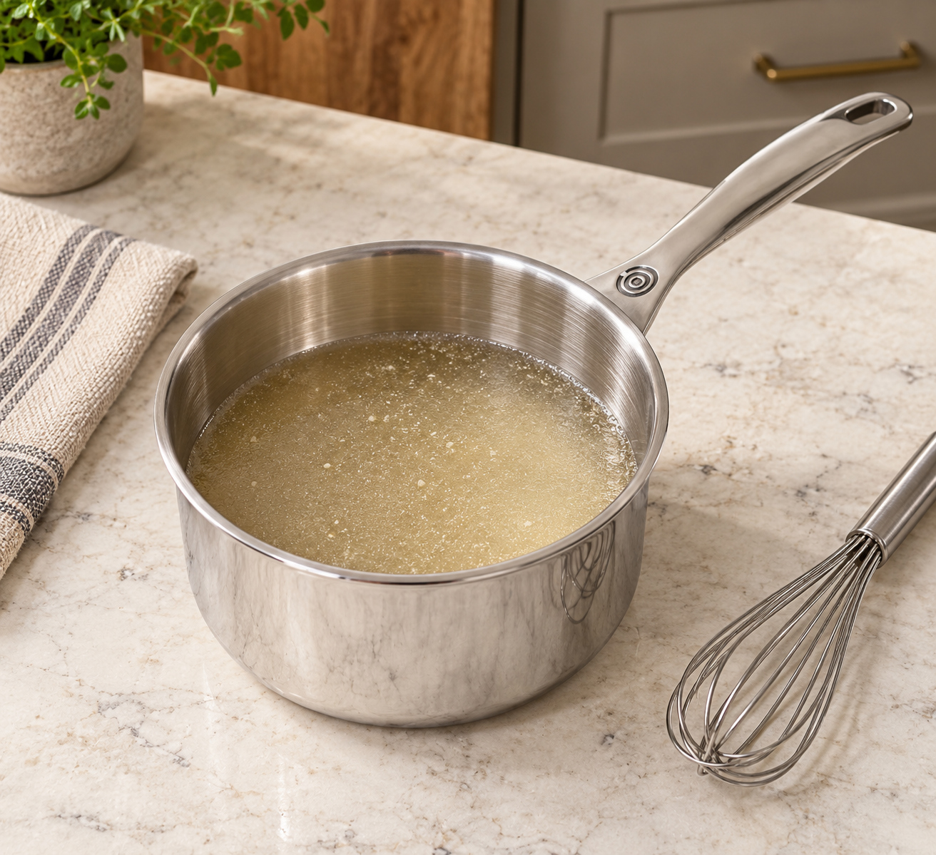 Pure gelatin bloomed for two minutes in water until translucent in a stainless saucepan