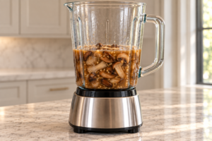 Half of the warm mushroom and meat-stock gravy mixture loaded in a glass blender