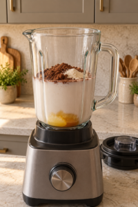 Coconut milk, ghee, honey, cocoa and gelatin loaded in a glass blender before blending