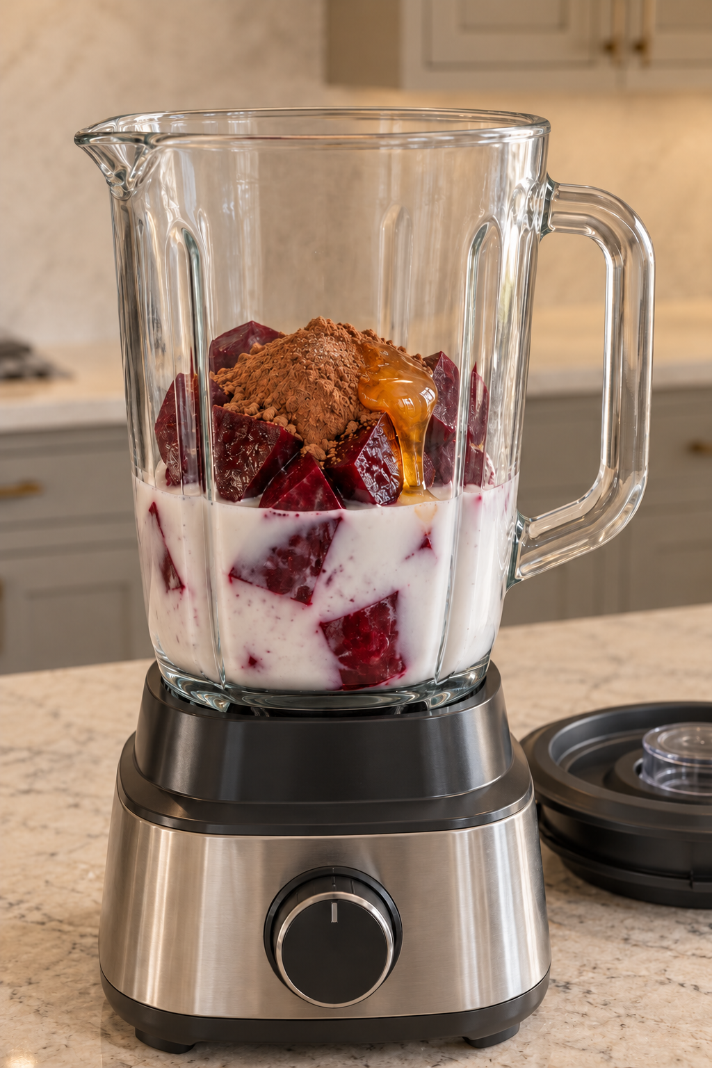 Cooked beet, coconut milk, cocoa and raw honey loaded in a glass blender
