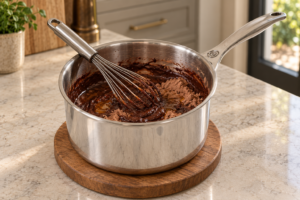 Salted cocoa frosting partly mixed off heat in a supported stainless saucepan