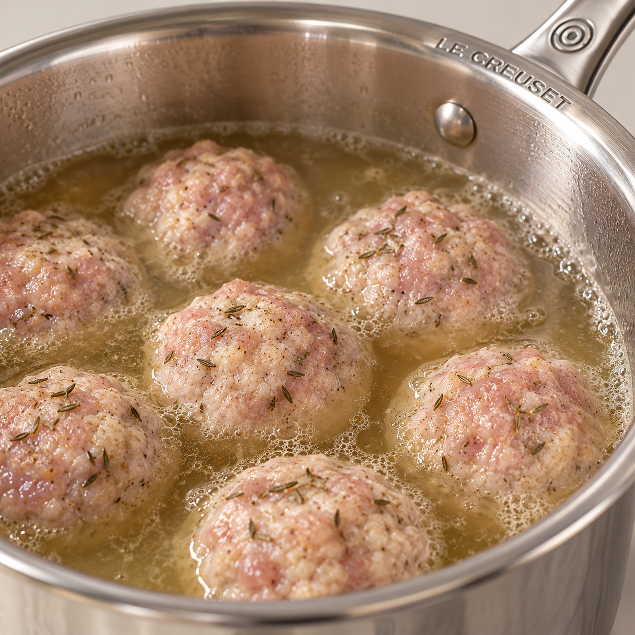 Turkey herb meatballs gently poaching in clear chicken meat stock in a Le Creuset stainless saucepan