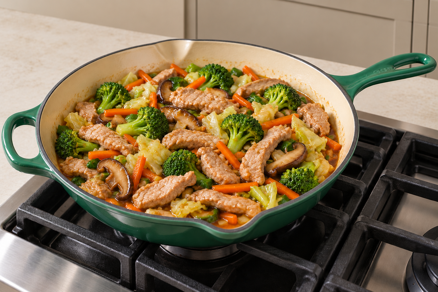 Separated cooked pork slices simmering with vegetables in a light hot-and-sour sauce