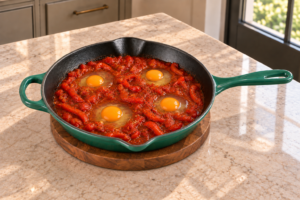 Four raw eggs in wells of meatless tomato and pepper sauce before covering