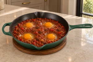Four raw eggs in wells of cooked beef tomato and pepper sauce before covering