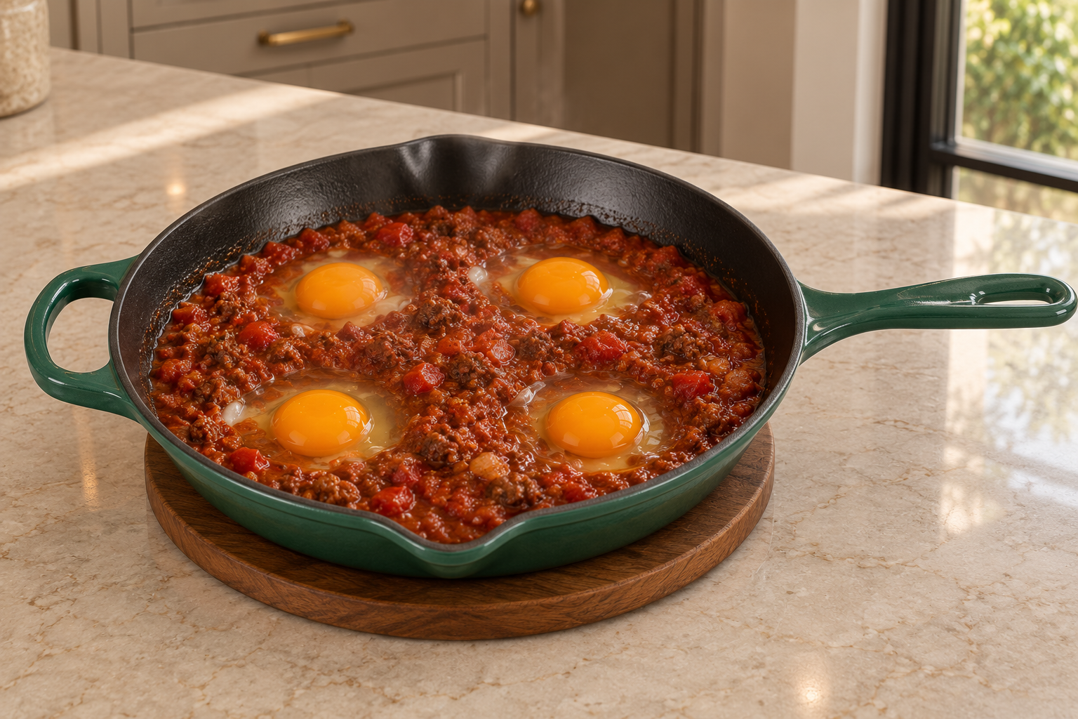 Four raw eggs in wells of cooked beef tomato and pepper sauce before covering