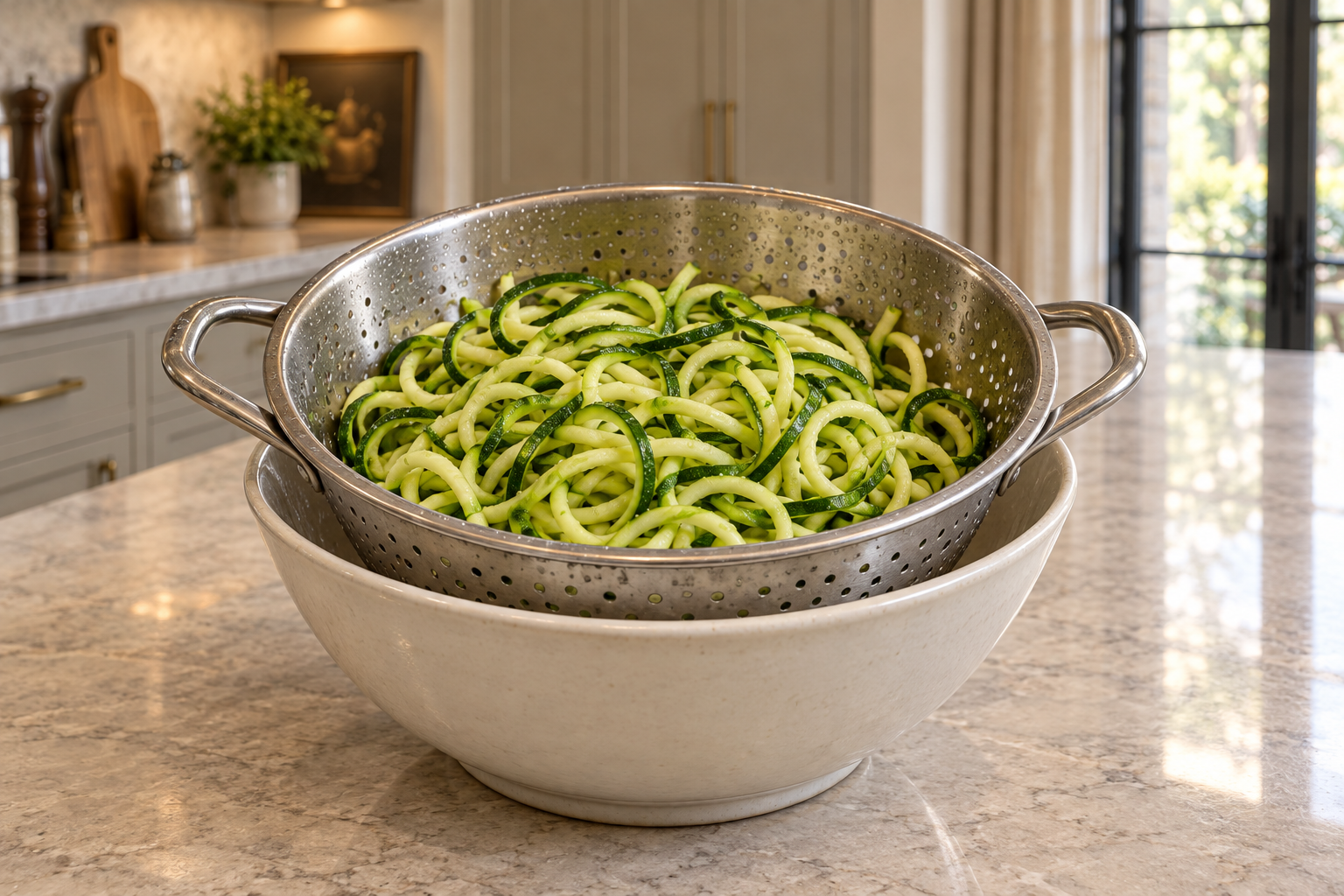 Briefly cooked zucchini noodles draining in a stainless colander nested in a ceramic bowl