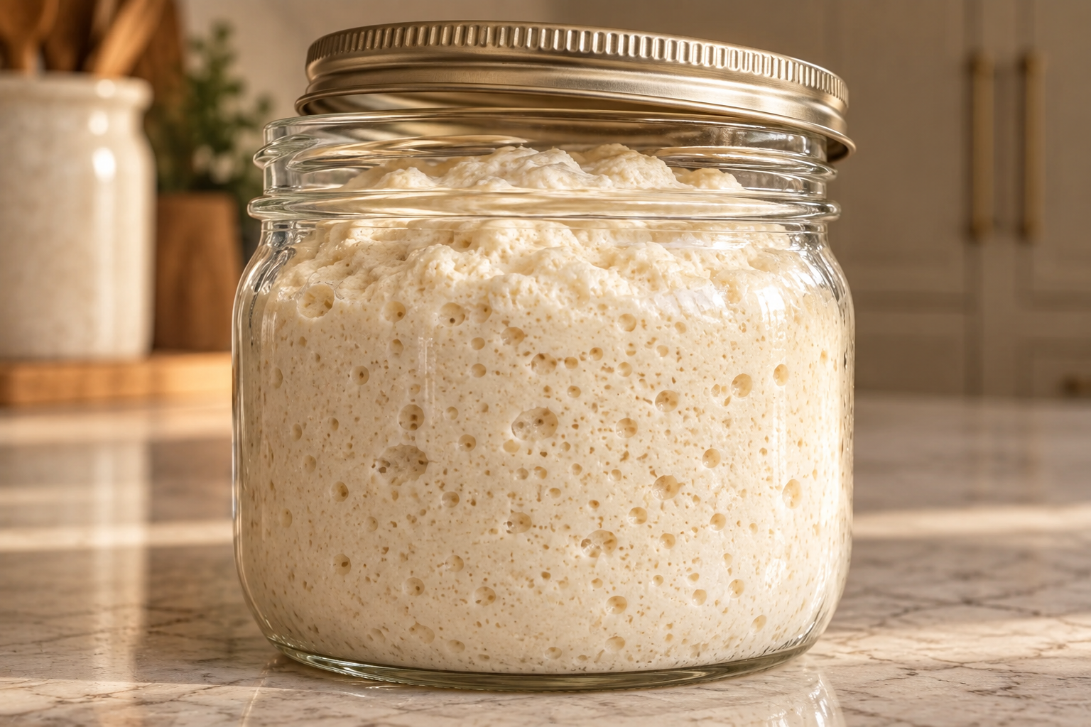 Loose-covered glass jar of fermented macadamia cheese risen with sponge-like bubbles throughout