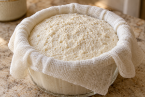 Risen bubbly fermented macadamia cheese in a cheesecloth-lined glass mold ready to chill