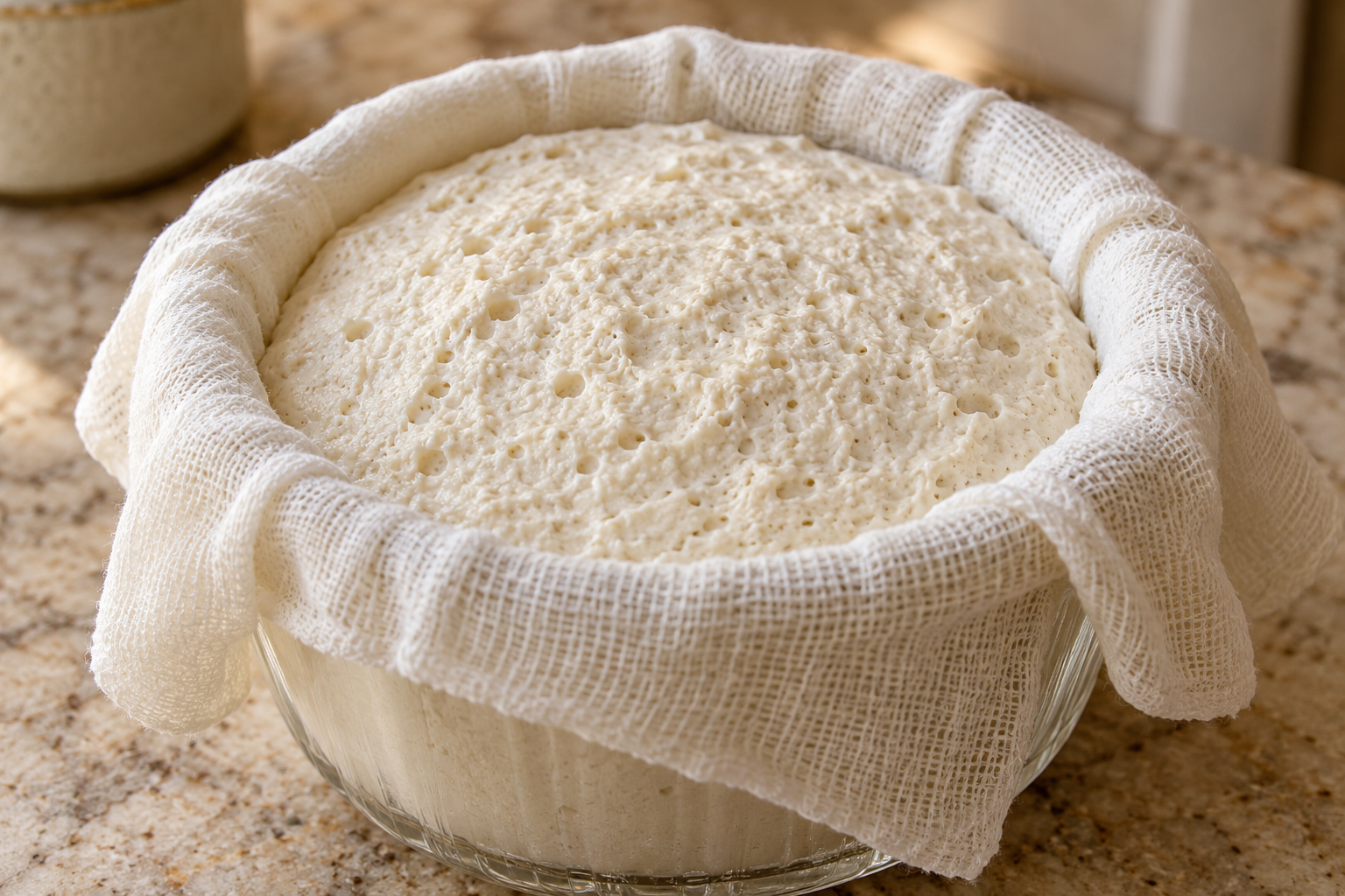 Risen bubbly fermented macadamia cheese in a cheesecloth-lined glass mold ready to chill