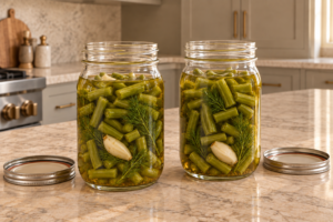 Two open jars of pickled string beans cooling before their lids are added