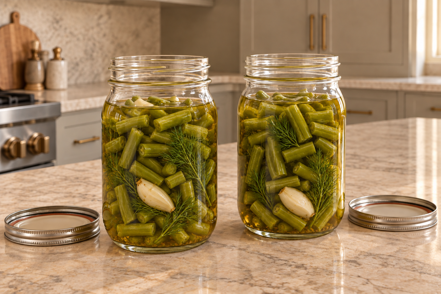 Two open jars of pickled string beans cooling before their lids are added