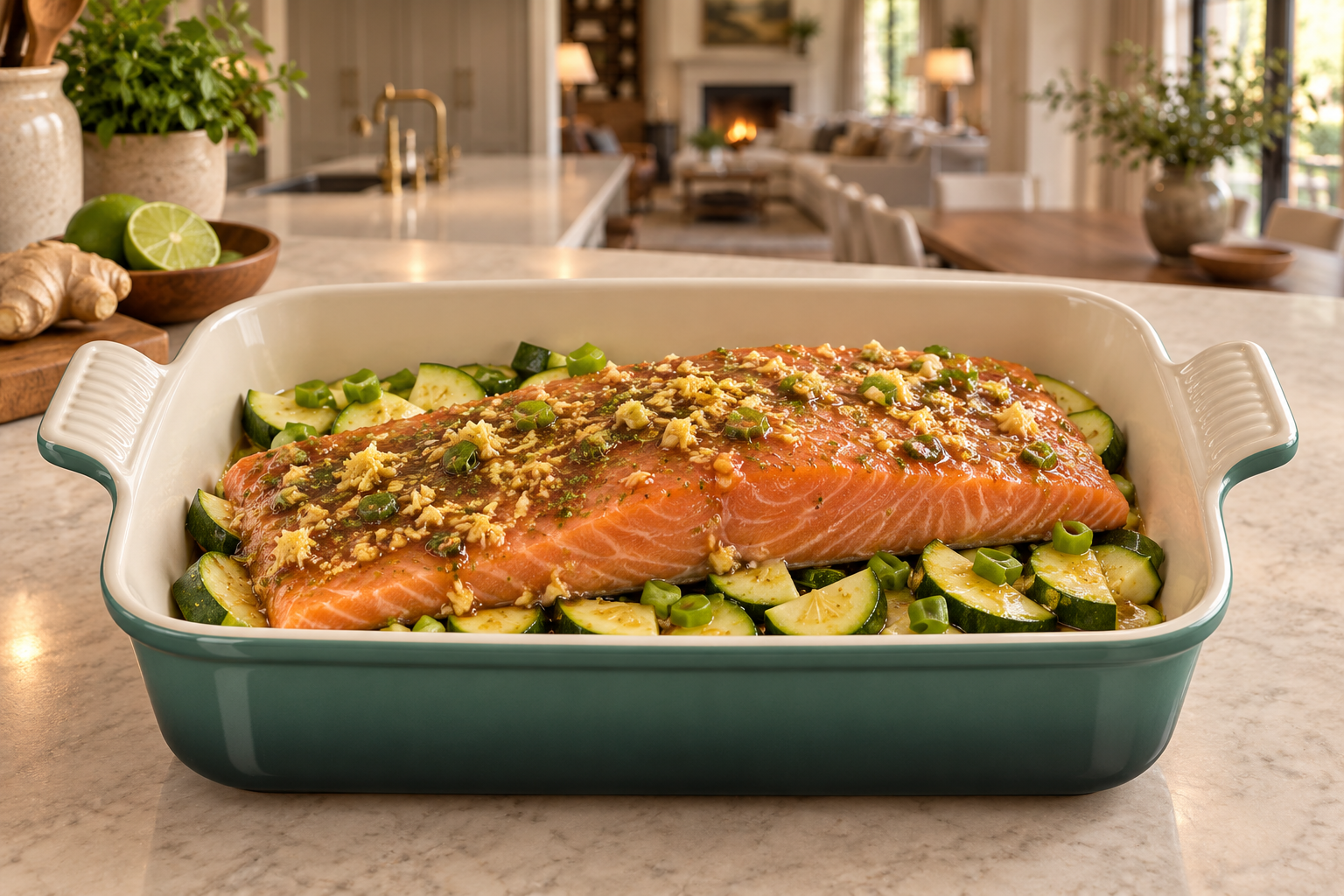 Cold salmon coated with chunky ginger-lime marinade over sliced zucchini in an Artichaut baking dish