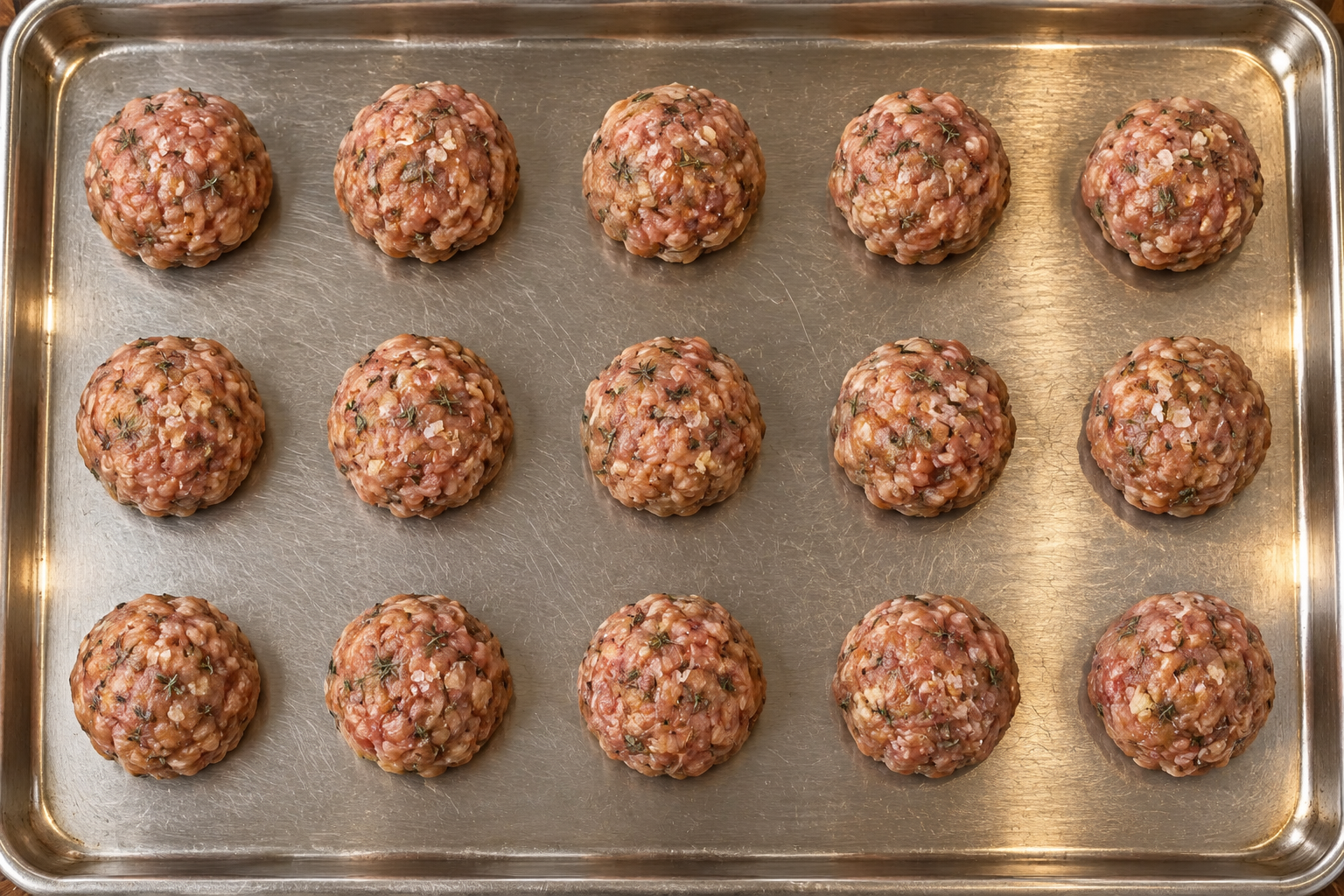 Raw turkey thyme meatballs evenly spaced on an uncoated stainless-steel rimmed sheet before baking