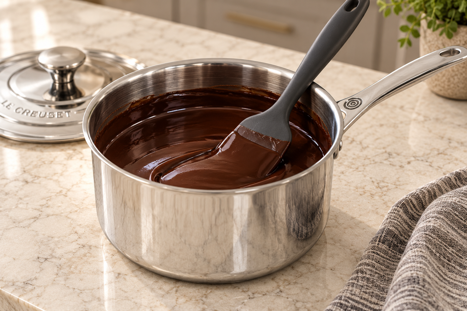 Smooth deep cocoa shell mixture off the heat with no dry pockets or oil ring