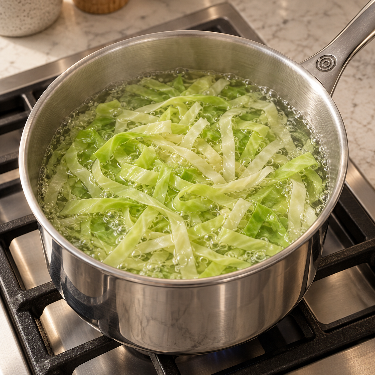 Green cabbage ribbons at a steady simmer in a Le Creuset stainless saucepan