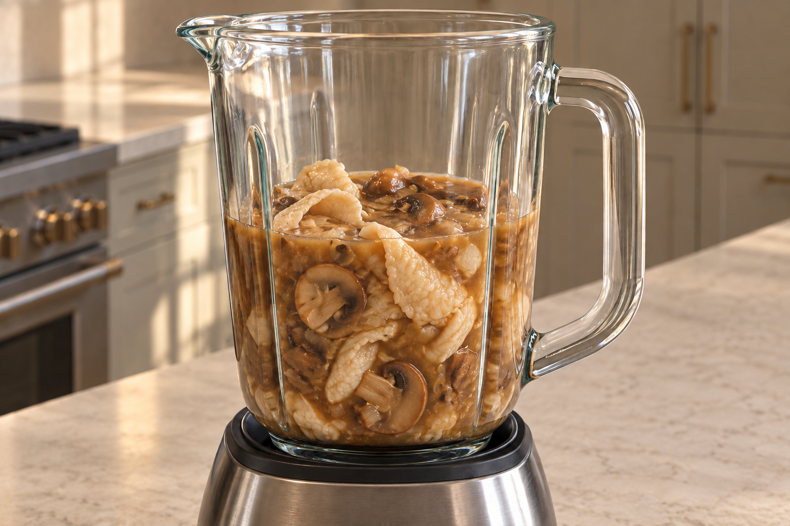 Soft chicken skin and half the cooked mushroom mixture loaded in a glass blender