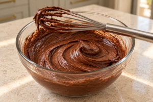 Fully whisked smooth cocoa cake frosting with no dry pockets or honey streaks
