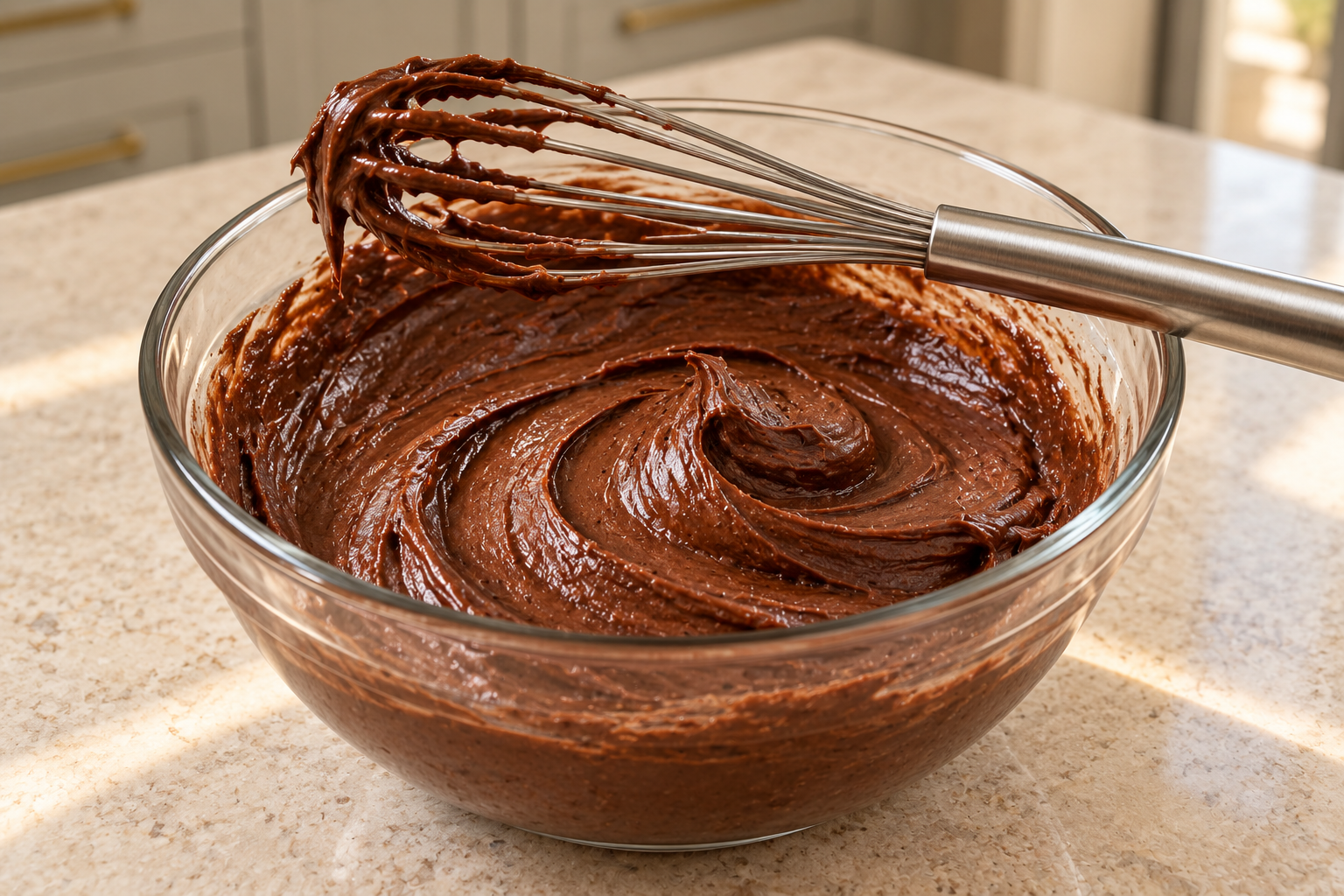 Fully whisked smooth cocoa cake frosting with no dry pockets or honey streaks