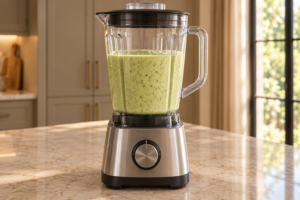 Smooth pale green cilantro lime avocado dressing in a stopped blender