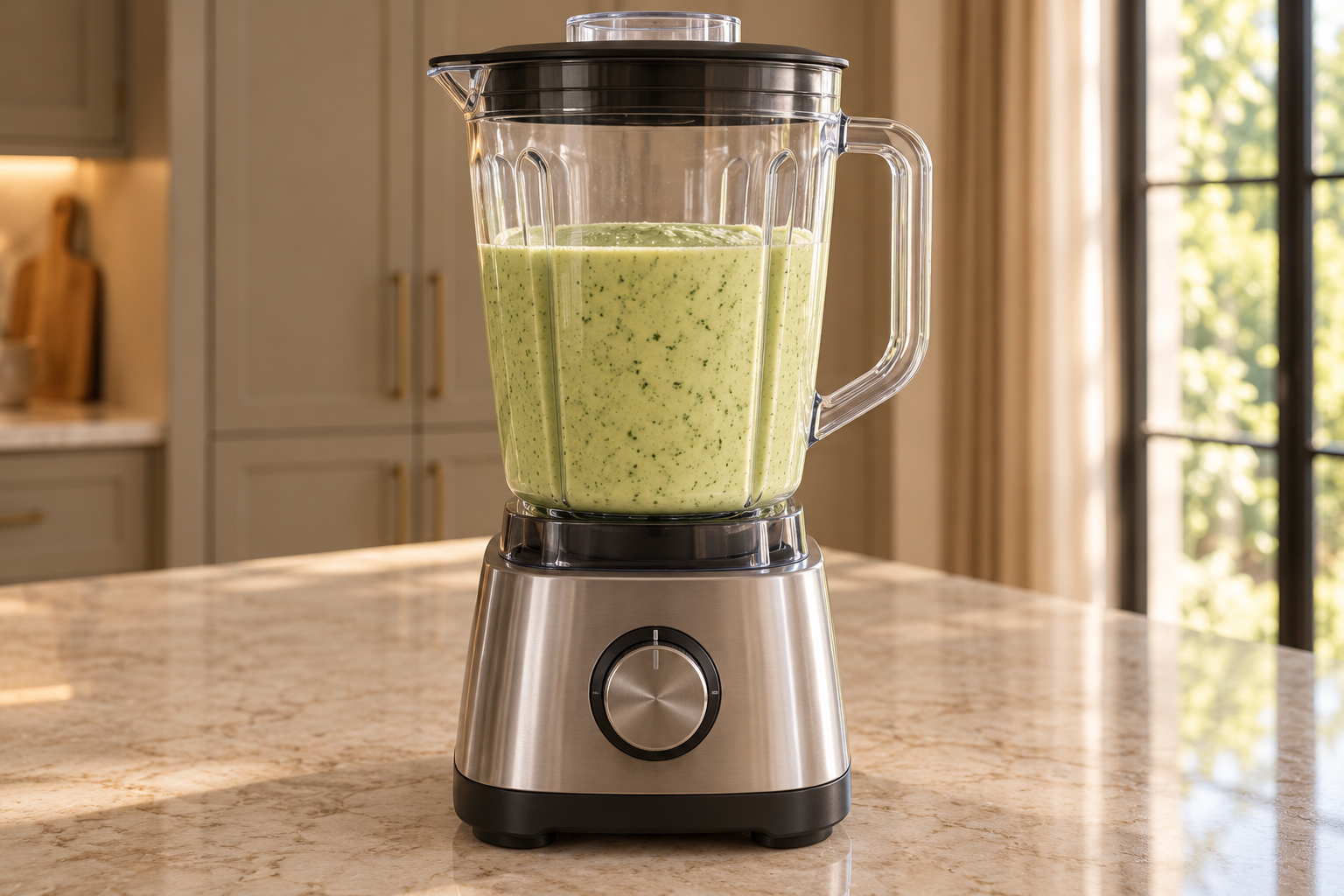 Smooth pale green cilantro lime avocado dressing in a stopped blender