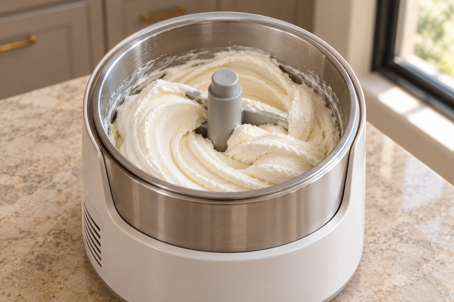 Coconut lime ice cream expanded into soft ridges in a stopped ice cream maker