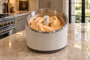 Pale cantaloupe coconut milk ice cream at soft-serve stage in a stopped ice cream maker