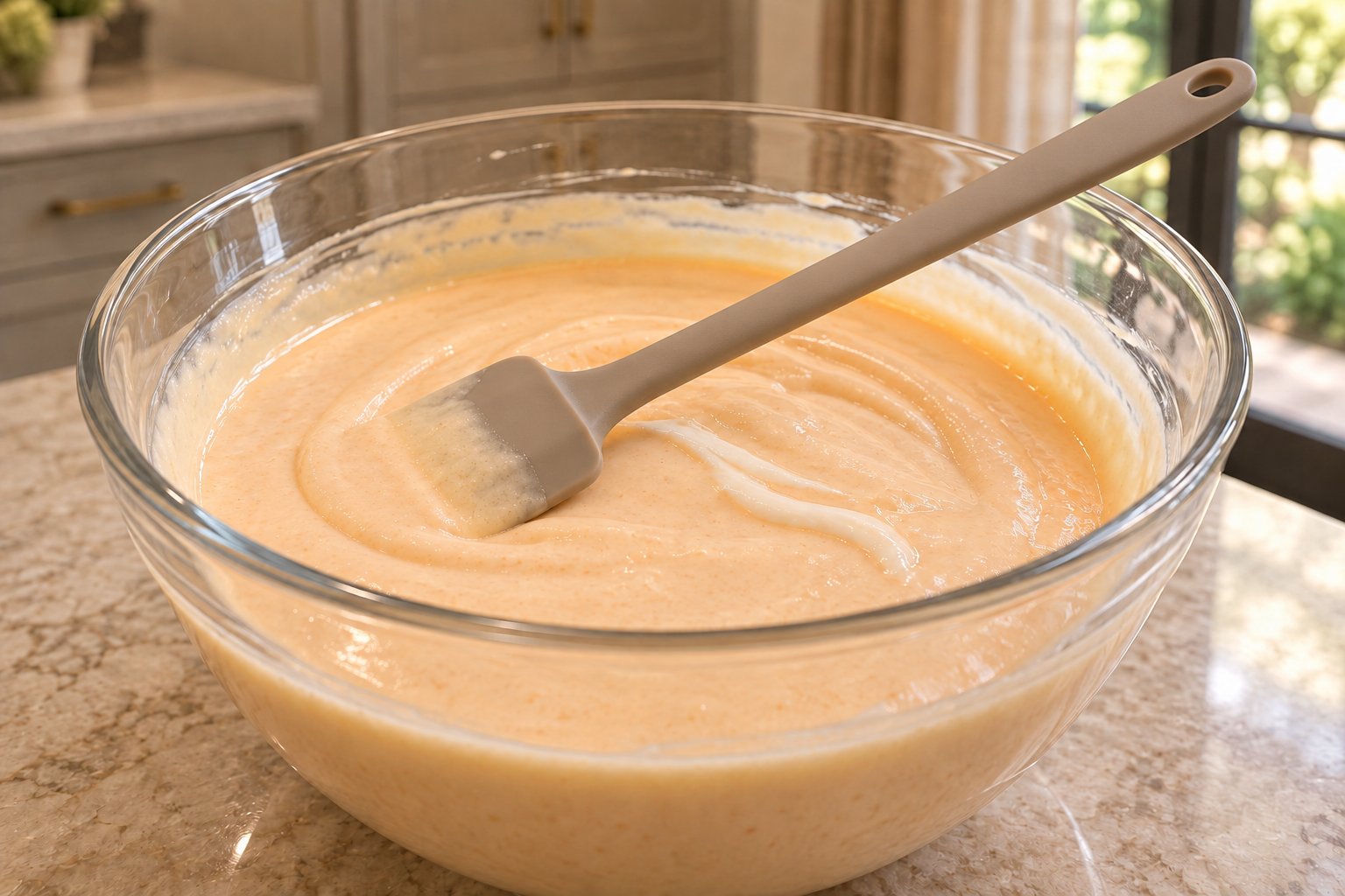 Cultured sour cream nearly stirred into the pale cantaloupe ice cream base