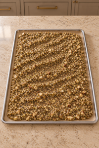 Damp Brazil-nut granola spread half an inch thick on a lined supported dehydrator tray