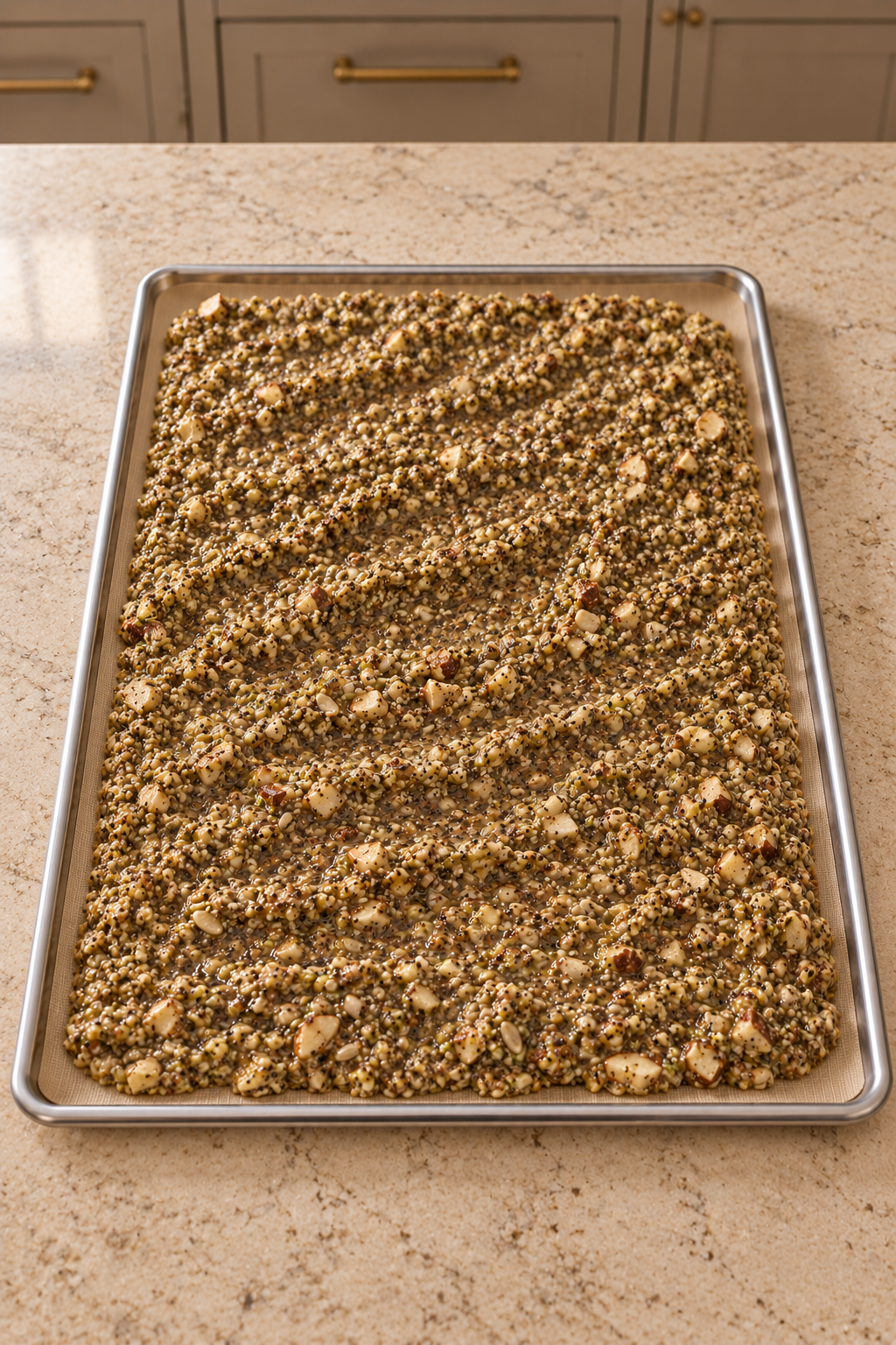 Mixed granola spread one-half inch thick on a supported dehydrator tray