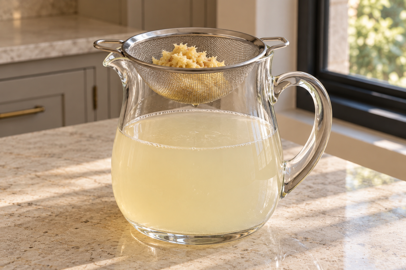 Fine-mesh strainer securely supported over ginger lemonade pitcher