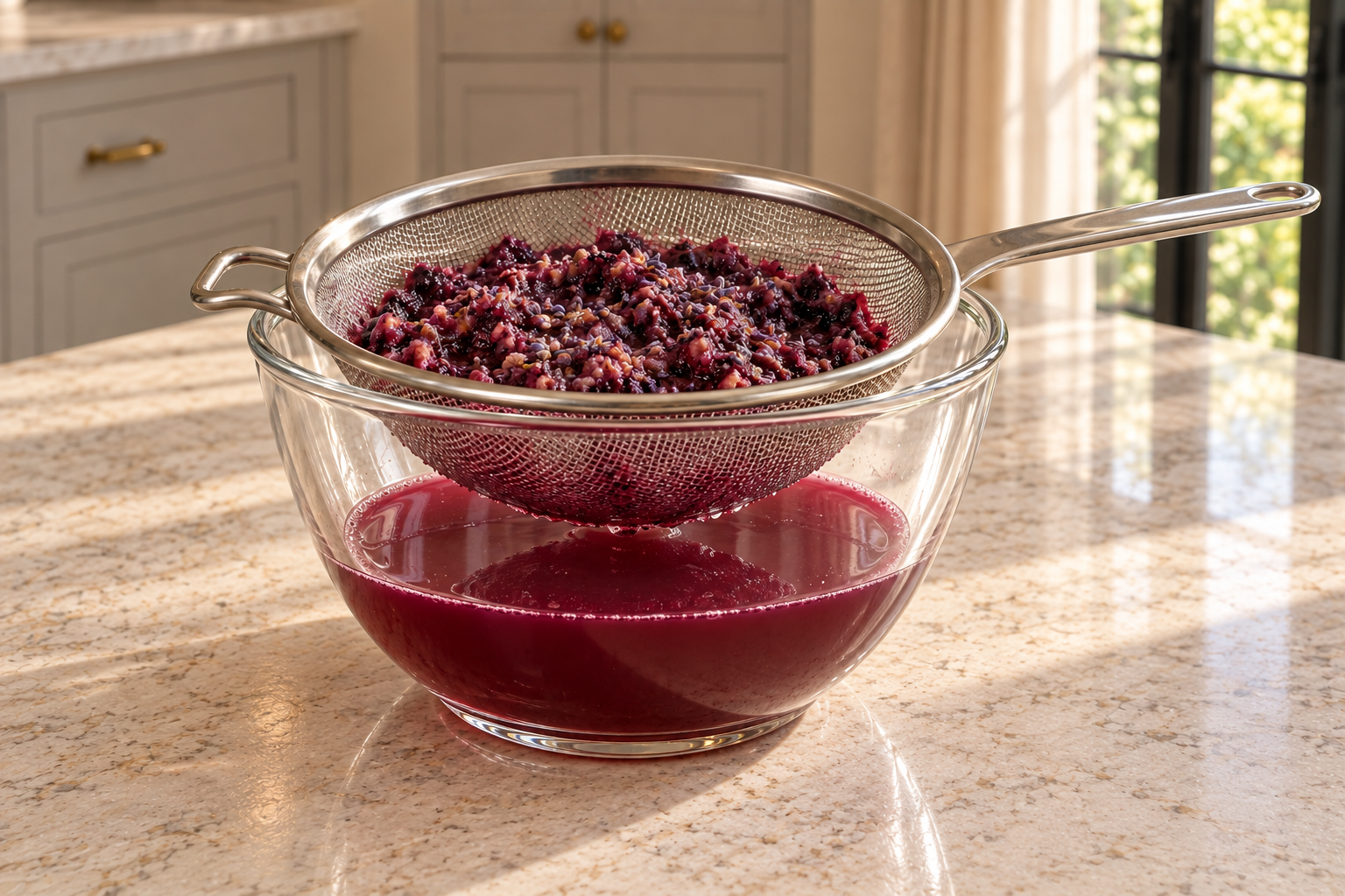 Blueberry ginger and lavender solids draining in a supported fine-mesh strainer