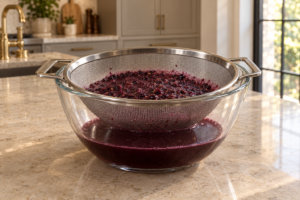 Blueberry ginger puree draining through a supported fine-mesh strainer