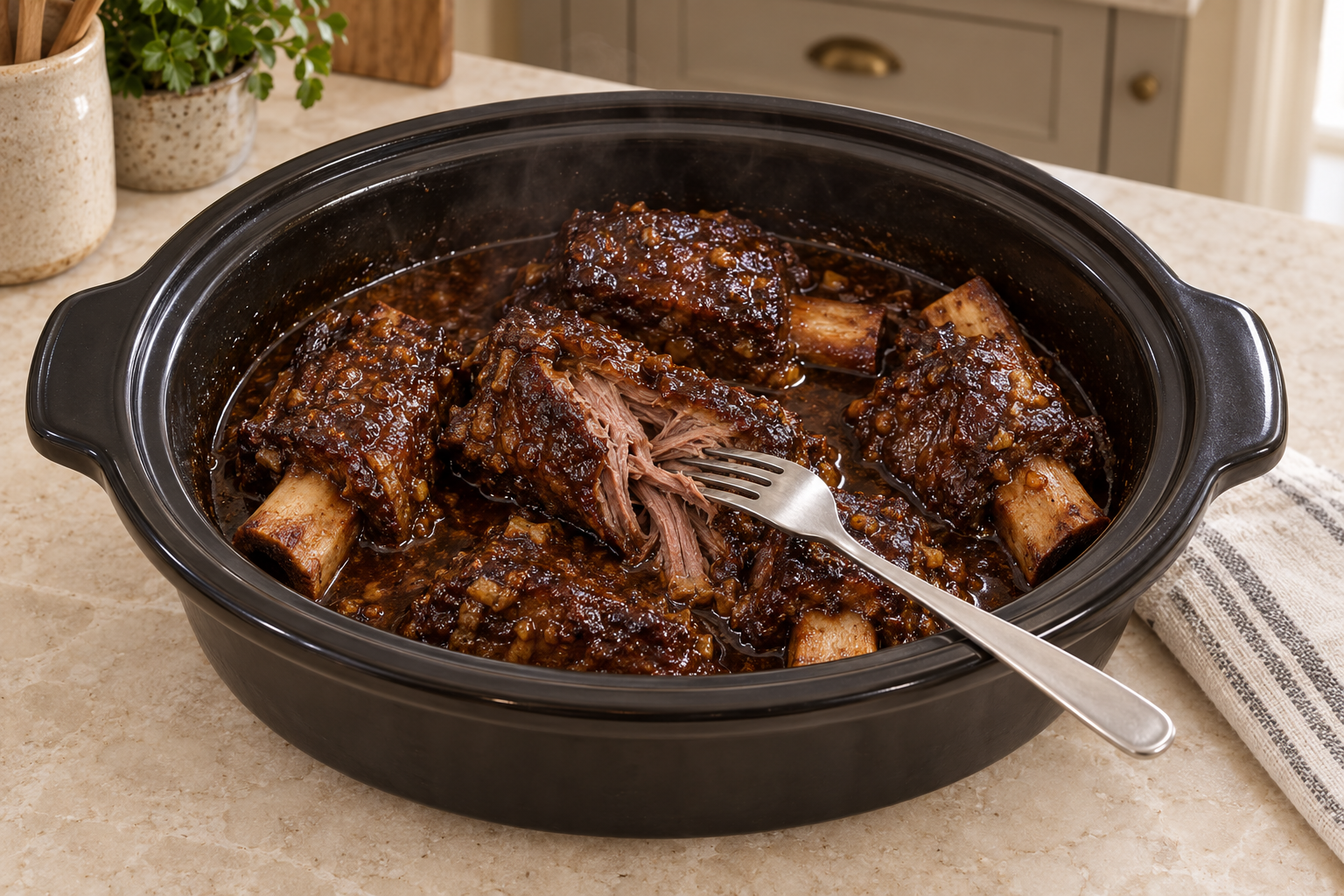 Slow-cooked beef short ribs with visible bone pullback and meat separating under light fork pressure