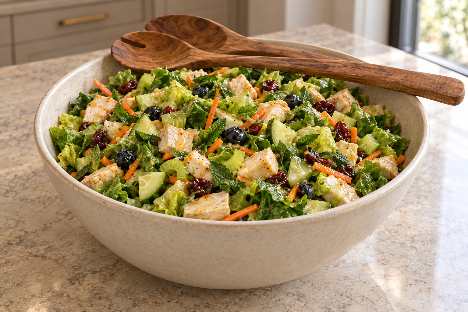 Blueberry chicken chopped salad evenly tossed with honey mustard vinaigrette before the reserved garnish is added