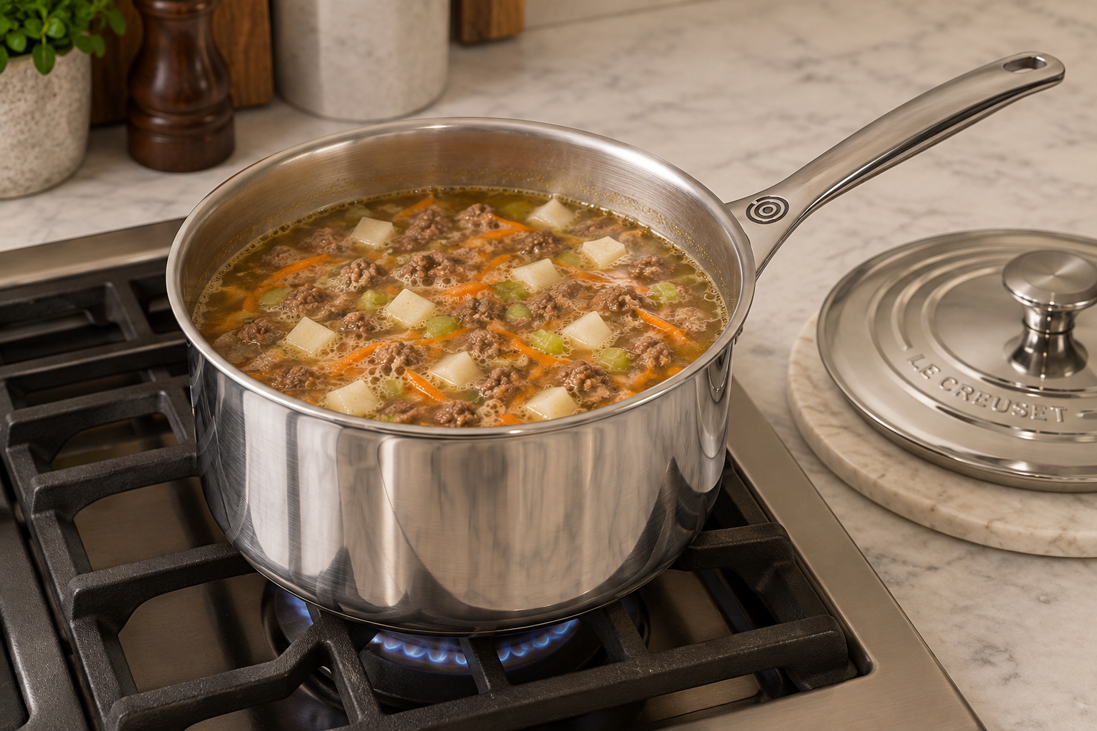Ground beef carrot celery and turnip soup gently simmering before pickles are added