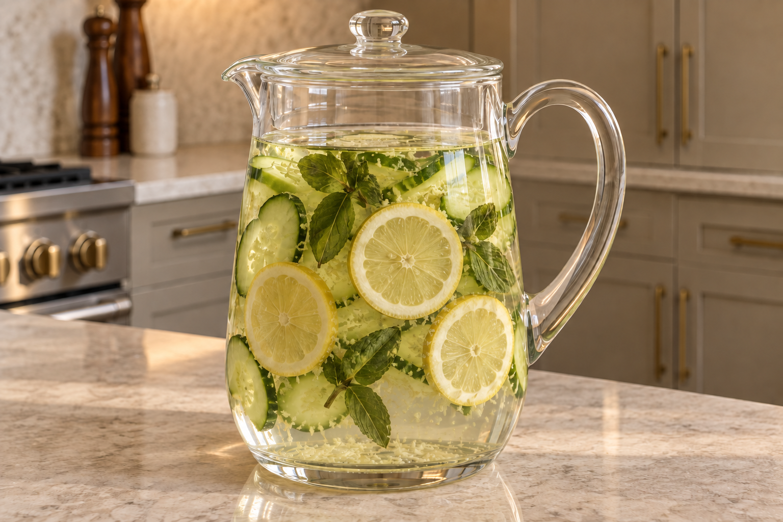 Covered cucumber lemon mint ginger water after a twelve hour refrigerator infusion