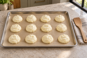 Exactly twelve pale Brie cloud bread batter mounds on unbleached parchment before baking