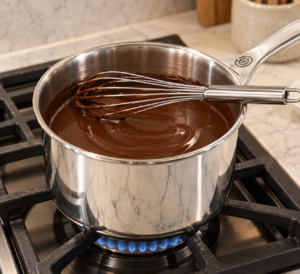Cocoa coconut oil and raw honey sauce warmed until glossy and pourable without simmering