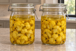 Weighted cauliflower florets fully submerged under turmeric brine in closed bail-top fermenting jars
