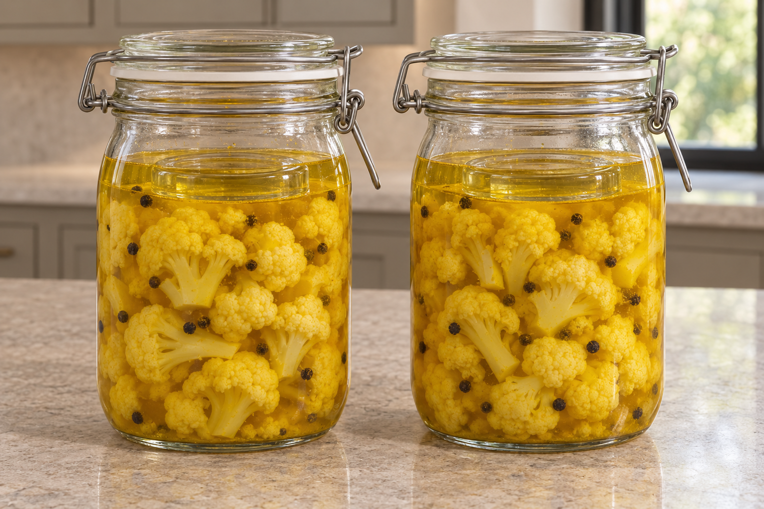 Weighted cauliflower florets fully submerged under turmeric brine in closed bail-top fermenting jars